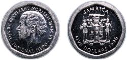 World Coins - Jamaica British colony 1996 5 Dollars Nickel plated steel Royal Mint 4.3g UNC KM 163 Schön 129
