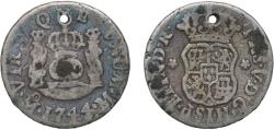 World Coins - Mexico Spanish colony 1744 M ½ Real - Felipe V Silver (.917) Mexico City Mint 1.5g VF Holed KM 66