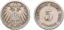 World Coins - Germany Germany - 1871-1948 Second Empire 1900 J 5 Pfennigs - Wilhelm II (type 2 - small shield) Copper-nickel (Cu 750, Ni 250) Hamburgische Münze Mint (2859279) 2.46g VF KM 11 AK