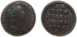 World Coins - Belgium Austrian Netherlands Possession 1745 lion 1 Liard / 1 Oord - Maria Theresia Copper Bruges Mint 3.37g VF KM 1