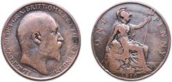 World Coins - Great Britain United Kingdom 1910 1 Penny - Edward VII Bronze (29549100) 9.24g VF KM 794 Sp 3990/A