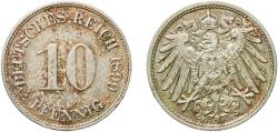 World Coins - Germany Second Empire 1899 F 10 Pfennig - Wilhelm II (type 2 - small shield) Copper-nickel (Cu 750, Ni 250) Staatliche Münze Baden-Württemberg (2008435) 4.02g XF  KM 12 AKS 12 J 1