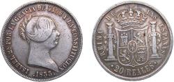 World Coins - Spain Kingdom 1855 20 Reales - Isabel II Silver (.900) Seville Mint 25.93g VF KM 593.3