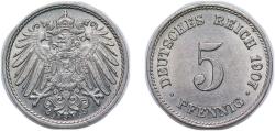 World Coins - Germany Second Empire 1907 J 5 Pfennig - Wilhelm II (type 2 - small shield) Copper-nickel Hamburg Mint (1635543) 2.49g UNC KM 11 AKS 16 J 12 Schön DM 12 Neum 32