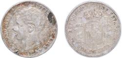 World Coins - Spain 1896 *18-96 PGV 1 Peseta - Alfonso XIII (3rd portrait) Silver (.835) (6412000) 5.03g VF Rim Damage KM 706 Cal 41