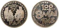 World Coins - France Fifth Republic 1995 100 Francs - 50th Anniversary of the end of World War II (Silver Proof Issue) Silver (.900) 22.2g PF F 1638 KM 1116.2