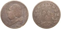 World Coins - France Kingdom 1821 A 5 Francs - Louis XVIII (bare head) Silver (.900) Paris Mint (9523639) 24.7g VF F 309 Gad 614 KM 711.1
