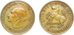 World Coins - Germany Prussian province of Westphalia Weimar Republic 1923 50 millions Mark - Westfalen (Freiherr vom Stein) Gold plated tombac Heinrich Kissing Mint (106060) 31.8g AU Funck 645