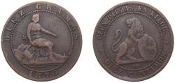 World Coins - Spain Provisional Government 1870 OM 10 Centimos - Provisional Government Bronze (95% copper, 4% tin, 1% zinc) Barcelona Mint (170088000) 10g VF KM 663 Cal 24