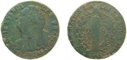 World Coins - France Kingdom 1792 AA 2 Sols - Louis XVI (FRANÇOIS) Copper Metz Mint 24.3g VF Dy royales 1722 Gad 25 KM 603 Ciani 2249
