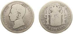 World Coins - Spain Kingdom 1905 *19-?? SMV 1 Peseta - Alfonso XIII (4th portrait) Silver (.835) Madrid Mint 5g VF KM 721