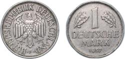 World Coins - Germany Federal Republic of Germany 1957 F 1 Deutsche Mark Copper-nickel (75% Copper, 25% Nickel) Staatliche Münze Baden-Württemberg Mint (6390000) 5.5g VF KM 110 J 385 Schön 108