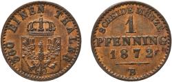 World Coins - Germany Kingdom of Prussia German states 1872 B 1 Pfenning - Wilhelm I Copper Hanover Mint 1.5g XF  AKS 108 Old/Mue 2 426, 429, 433 KM 480 Kahnt/Schön 84 Neum 19