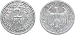 World Coins - Germany Germany - 1871-1948 Weimar Republic 1926 G 2 Reichsmark Silver (.500) Staatliche Münze Baden-Württemberg Mint (5171000) 10g VF KM 45 AKS 32 J 320 Schön DM 44