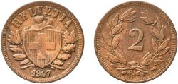 World Coins - Switzerland Federal State 1907 B 2 Rappen (Wreath; bronze; light type) Bronze (95% copper, 4% tin, 1% zinc) Bern Mint (1000000) 2.46g XF  HMZ 2 1213 Divo/Tob19 323 KM 4 Schön 16 Y