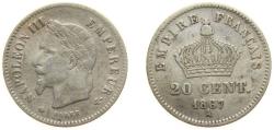 World Coins - France Second Empire 1867 A 20 Centimes - Napoleon III Silver (.835) Paris Mint (5611381) 1g VF F 150 Gad 309 KM 808.1