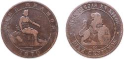 World Coins - Spain 1870 OM 10 Centimos - Provisional Government Bronze (170088000) 10g VF KM 663 Cal 24