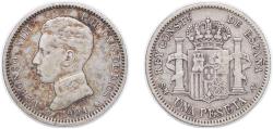 World Coins - Spain Kingdom 1904 *19-04 SMV 1 Peseta - Alfonso XIII (4th portrait) Silver (.835) (5294000) 4.87g VF KM 721 Cal 49