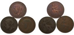 World Coins - Great Britain United Kingdom George V 1926-1928 1 Penny 3 Lots, smaller portrait