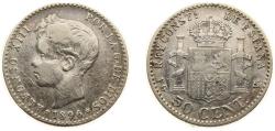 World Coins - Spain Kingdom 1896 *9-6 PGV 50 Centimos - Alfonso XIII (3rd portrait) Silver (.835) Madrid Mint (296930) 2.5g VF Cleaned KM 705