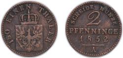 World Coins - Germany Kingdom of Prussia German states 1852 A 2 Pfennigs - Frederick William IV Copper 2.84g VF AKS 91 Old/Mue 2 336, 349 Jaeg 9 Pr 51 KM 452, 452a Neum 37, 50