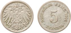 World Coins - Germany Second Empire 1906 A 5 Pfennig - Wilhelm II (type 2 - small shield) Copper-nickel (Cu 750, Ni 250) Berlin Mint (18970115) 2.44g VF  KM 11 AKS 16 J 12 Schön 12 Neum 32