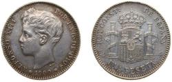 World Coins - Spain Kingdom 1900 *19-00 SMV 1 Peseta - Alfonso XIII (3rd portrait) Silver (.835) Madrid Mint (18650000) 5g XF KM706 Cal41