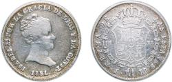 World Coins - Spain Kingdom 1851 S RD 1 Real - Isabel II (1st portrait) Silver (.812) Seville Mint 1.3g VF  KM 518 Cal 408