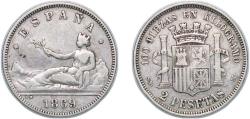 World Coins - Spain Provisional Government 1869 *18-69 SNM 2 Pesetas - Provisional Government Silver (.835) Madrid Mint 9.79g VF KM 654