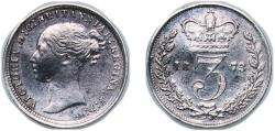 World Coins - Great Britain United Kingdom 1873 3 Pence - Victoria (1st portrait; incl. Maundy and Colonial) Silver (.925) (4055500) 1.4g XF Bent KM 730 Sp 3914 Sp 3918
