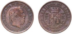 World Coins - Spain Kingdom 1875 OT 5 Centimos - Carlos VII (pretender) Bronze (95% copper, 4% tin, 1% zinc) (50000) 4.87g VF  KM 669 Cal 10