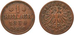 World Coins - Germany Free imperial city of Frankfurt German states 1860 1 Heller Copper (353000) 1.04g XF  AKS 35 Jaeg 6 FHI 31 KM 356