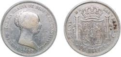 World Coins - Spain 1855 20 Reales - Isabel II Silver (.900) Madrid Mint (1229000) 25.72g VF KM 593 Cal 151