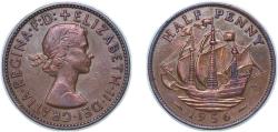 World Coins - Great Britain United Kingdom 1956 ½ Penny - Elizabeth II (1st portrait; without 'BRITT:OMN') Bronze 5.57g XF KM 896 Sp 4158