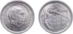 World Coins - Spain Nationalist Government 1957 *71 5 Pesetas - Francisco Franco (Copper-nickel) Copper-nickel (75% copper, 25% nickel) Royal Mint of Spain (43000000) 5.77g UNC KM 786 Cal 49 Sc