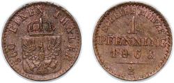 World Coins - Germany Kingdom of Prussia 1868 B 1 Pfenning - William I Copper Hanover Mint 1.34g UNC AKS 108 Old/Mue 2 426, 429, 433 KM 480 Kahnt/Schön 84 Neum 19