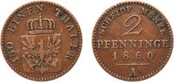 World Coins - Germany Kingdom of Prussia German states 1860 A 2 Pfenninge - Friedrich Wilhelm IV Copper Berlin Mint 2.8g XF  AKS 91 Olding FR 336, 349 Jaeg 9 Pr 51 KM 452 Neum Pruss/Kön 37, 50