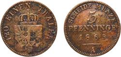 World Coins - Germany Kingdom of Prussia German states 1865 A 3 Pfenninge - William I Copper Berlin Mint 4.13g VF  AKS 106 Old/Mue 2 424, 427, 431 KM 482 Neum 17 Schr 162-188