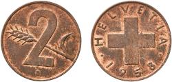World Coins - Switzerland Federal State 1958 B 2 Rappen (Wheat spike) Bronze (95% copper, 4% tin, 1% zinc) Bern Mint (6070000) 3.02g AU  HMZ 2 1214 Divo/Tob19 325 KM 47 Schön 42 Y 55