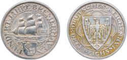 World Coins - Germany - 1871-1948 Weimar Republic 1927 A 3 Reichsmark (Bremerhaven) Silver (.500) (150000) 15.06g AU KM 50