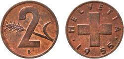 World Coins - Switzerland Federal State 1955 B 2 Rappen (Wheat spike) Bronze (95% copper, 4% tin, 1% zinc) Bern Mint (2490000) 2.99g UNC  HMZ 2 1214 Divo/Tob19 325 KM 47 Schön 42 Y 55