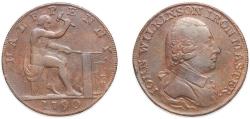 World Coins - Great Britain United Kingdom 1790 ½ Penny (Warwickshire - Wilkinson / Vulcan) Copper 12.55g XF DH 424-431 Atkins 284-288 Atkins 312