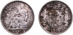 World Coins - Spain Second Republic 1933 *3-4 1 Peseta - II Republic Silver (.835) Royal Mint of Spain (2000000) 4.96g XF  KM 750 Cal 1