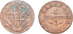 World Coins - Spain Principality of Catalonia Kingdom 1814 4 Quartos Copper Barcelona Mint 8.37g XF Cal 77 KM 77 Aureo 22