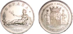 World Coins - Spain Provisional Government 1969 SNM Medal - 5 Pesetas Provisional Government 1869 * 18-69 with number ¨323¨ Silver (.915) Madrid Mint (100) 25.3g BU