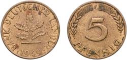 World Coins - Germany Federal Republic 1949 F 5 Pfennigs (Bank of German States) Brass clad steel Staatliche Münze Baden-Württemberg Mint (66081999) 3.02g XF  KM 102 J 377 Schön 100
