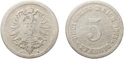 World Coins - Germany Second Empire 1875 A 5 Pfennig - Wilhelm I (type 1 - large shield) Copper-nickel (Cu 750, Ni 250) Berlin Mint (30843718) 2.44g VF  KM 3 AKS 15 J 3 Schön 3 Neum 33