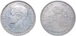 World Coins - Spain Kingdom 1896 *18-96 PGV 5 Pesetas - Alfonso XIII (3rd portrait) Silver (.900) (4272000) 24.88g XF KM 707 Cal 24