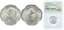World Coins - Cuba First Republic 1953 25 Centavos (José Martí) Silver (.900) (silver 90%, copper 10%) Philadelphia Mint (19000000) 6.25g NGC MS 63  KM 27 Y 21 Schön 25