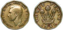 World Coins - Great Britain United Kingdom 1941 3 Pence - George VI (with 'IND:IMP') Nickel brass (60239400) 6.74g XF KM 849 Sp 4112
